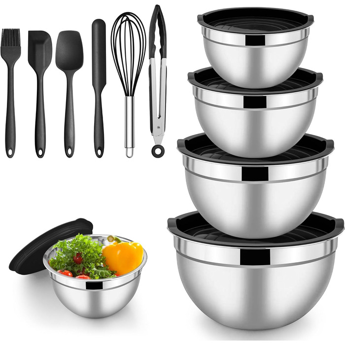Чаша Herogo с крышкой, набор салатников из нержавеющей стали из 5 шт., размер 4,5 л / 2,7 л / 1,5 л / 1,2 л / 0,7 л, штабелируемая миска для смешивания и сервировки на кухне, включая принадлежности для выпечки, можно мыть в посудомоечной машине (черный)