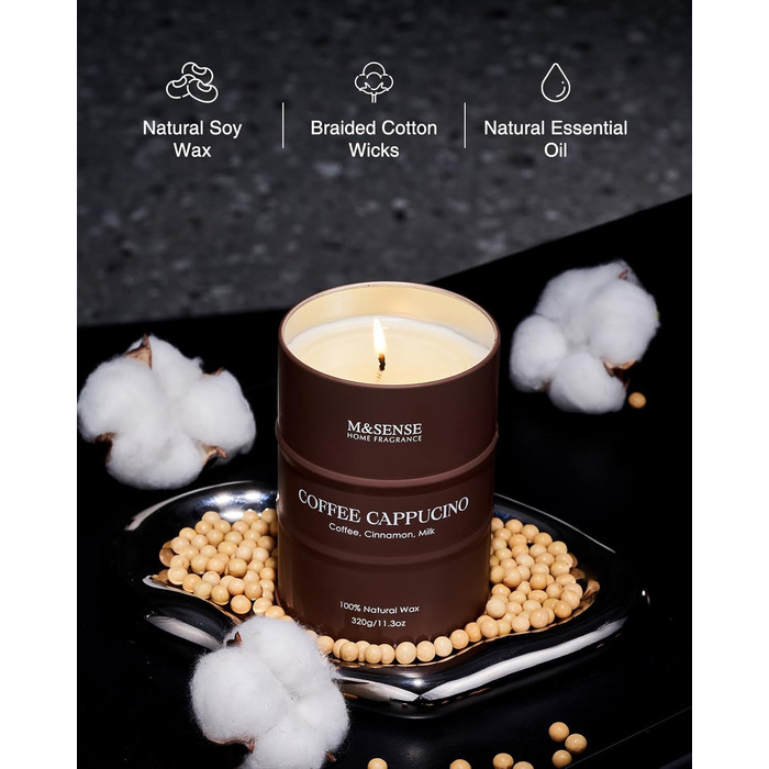 Ароматичні свічки M&SENSE з натурального соєвого воску, натуральна соєва свічка для домашнього декору, тривалий час горіння до 70 годин, класні подарунки-свічки для чоловіків і жінок (320 г, кава капучино)