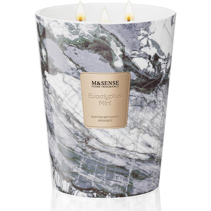 Ароматизована свічка M&SENSE велика Чорні ароматизовані свічки у склянці Ароматизована свічка з натурального соєвого воску Розслаблююча ароматерапія Подарунок для жінок та чоловіків, Різдво Час горіння 75 годин та 2 ґноти (евкаліпт-м&39ята, 990 г)