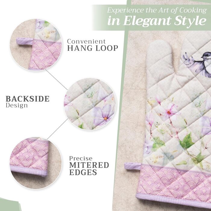 Рукавички для духовки Maison d&39 Hermine, Прихватки для каструль, 100 бавовна, термостійкі кухонні рукавички, рукавички для духовки (19 x 33 см) та прихватки для каструль (20 x 20 см) для приготування їжі, Morzine - Рукавички для духовки (19 x 33 см) та 