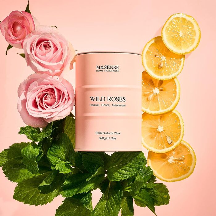 Ароматичні свічки M&SENSE з натурального соєвого воску, натуральна соєва свічка для домашнього декору, тривалий час горіння до 70 годин, класні подарунки-свічки для чоловіків і жінок (320 г, дикі троянди)