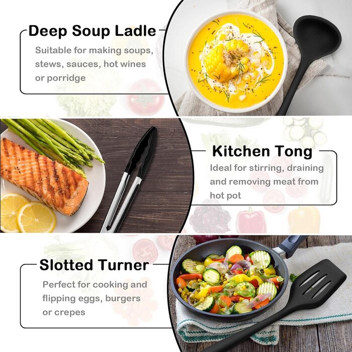 Силиконовый Набор Кухонных Гаджетов, 30 Предметов Кухонная Утварь С Держателем, Термостойкий Набор Кухонных Инструментов Для Антипригарной Посуды Сковороды, Шпатели, Щипцы 10 Крючков, Сейф Для Посудомоечной Машины - Черный
