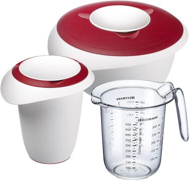 Миска для змішування та випікання Westmark із кришкою з двох частин, 2,5 л, з носиком, пластикова, біла/яблучно-зелена, 3153227A (біла/червона, набір, каструля для віночка, мірний глечик)