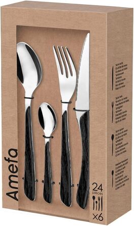 Набор столовых приборов Amefa ECLAT Nature, 24 предмета, набор столовых приборов на 6 человек, коричневые пластиковые ручки под дерево, можно мыть в посудомоечной машине, столовые приборы из нержавеющей стали, светлое дерево (под дерево / черный)