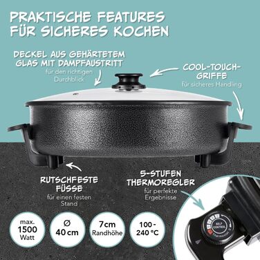 Электрическая многофункциональная сковорода 40 см с терморегулятором, стеклянной крышкой и антипригарным покрытием, 1500 Вт нержавеющая сталь GOURMETmaxx
