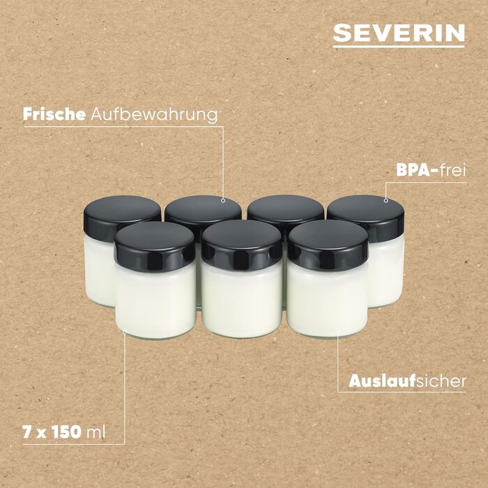 Порційні баночки 150 мл для йогуртниць, набір 7 предметів, чорні Severin
