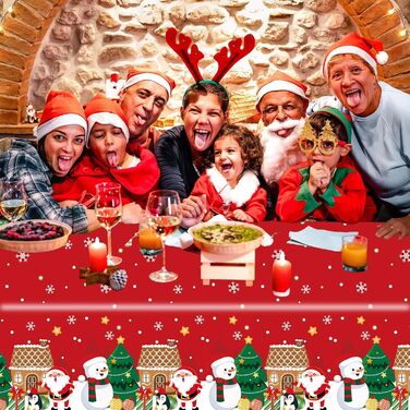 Різдвяні скатертини, одноразові різдвяні скатертини, великі прямокутні скатертини у формі Санта-Клауса, сніговика, обідні скатертини для різдвяної вечірки (137 x 274 см) (червоний фон сніговик), 2
