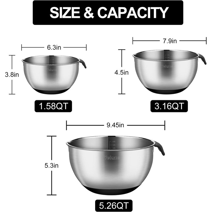 Набір мисок з нержавіючої сталі, 5 предметів з кришкою, миска для змішування з 3 терками, 5 л 3 л 2 л 1,5 л 1,5 л 1 л Velaze