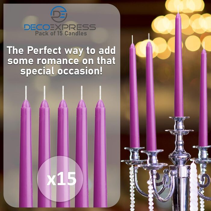 Набір свічок DECO EXPRESS Taper з 6, 10, 15 або 50 шт. , тривалий час горіння до 8 годин, без запаху (фіолетовий, набір з 15 шт. )