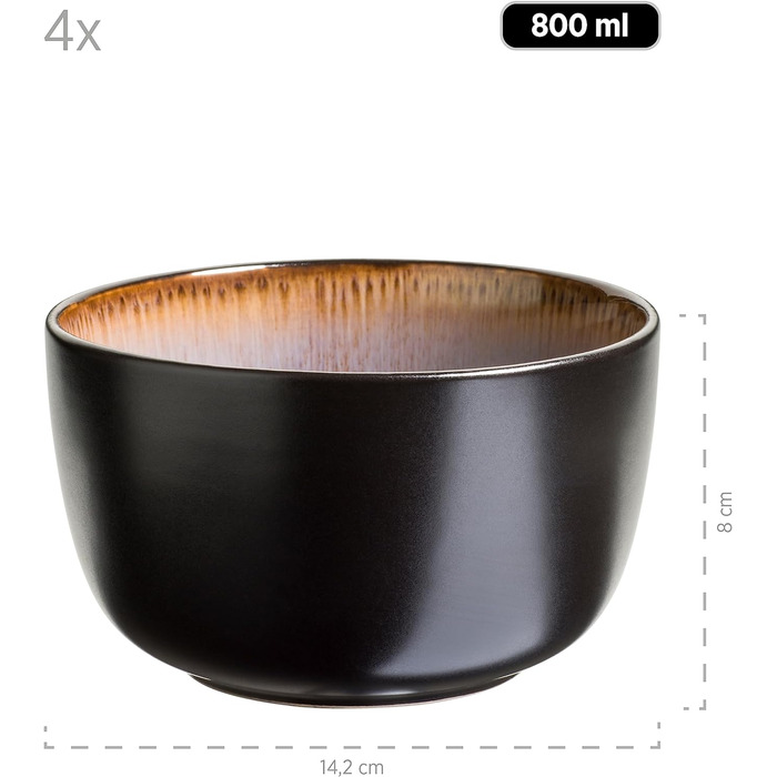 Керамічний набір посуду для 4 персон із зелено-коричневою реактивною глазур'ю, комбінований сервіз із 20 предметів у сучасних стриманих формах купе, керамограніт (зернові миски), 934100 Series Teona