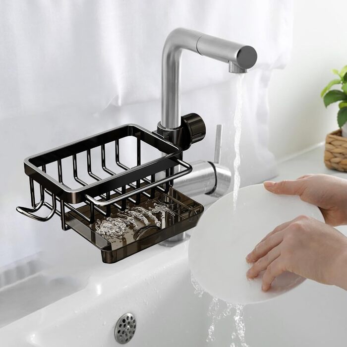 Тримач для губки для кухонного змішувача - Багатофункціональний органайзер для раковини Кошик-кран для зберігання губок, рушників для посуду та щіток Міцний дизайн з алюмінію та ABS-пластику Ідеально підходить для зберігання у ванній кімнаті (чорний)
