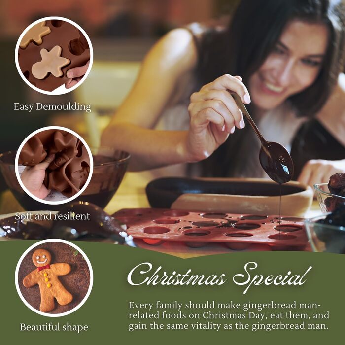 Ультратонка форма для шоколаду у формі пряникового чоловічка, різдвяна силіконова форма для випічки, антипригарна, харчовий силікон, для шоколаду, цукерок, печива, товщина лише 0,6 см, 2