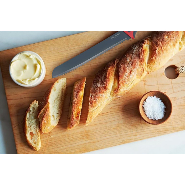 Набір ножів Westmark 5 шт. , 1 велика обробна дошка та 4 ножі, обробна дошка 37 х 25,5 см, лезо кухарського ножа/ножа для хліба по 20 см, лезо канцелярського ножа 12 см, лезо ножа для чищення овочів 8 см, 145222E6 (ніж для хліба)