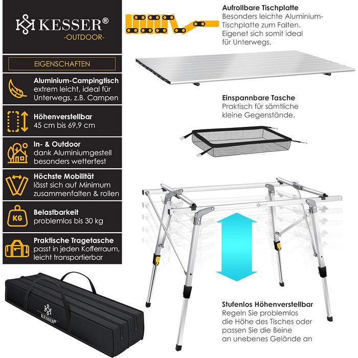 Кемпінговий стіл KESSER складний розкладний стіл з алюмінієвою рамою Розкладний стіл на стільниці Регулювання висоти з сумкою для перенесення з ременем 90 х 53см - до 30 кг, (90см х 53см, сріблястий)