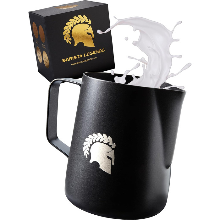 Глечик для молока Barista Legends з нержавіючої сталі 350 мл зі спеціальним носиком для лате-арту - Глечик для спінювання молока з високим глянцевим покриттям - Глечик для молока Barista з нержавіючої сталі - Аксесуари Barista (чорний 350 мл)
