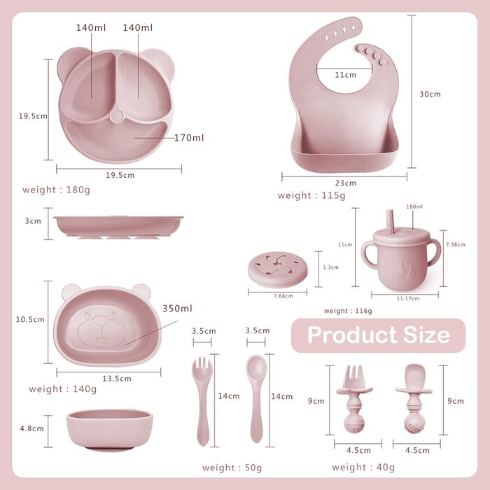 Силіконовий набір дитячого столового посуду Bizcasa з 9 предметів, нековзкий набір дитячого столового посуду, дитячий столовий посуд із присоскою, нековзна дитяча миска, дитяча тарілка, дитячий набір столових приладів для малюків, без бісфенолу А (світло-