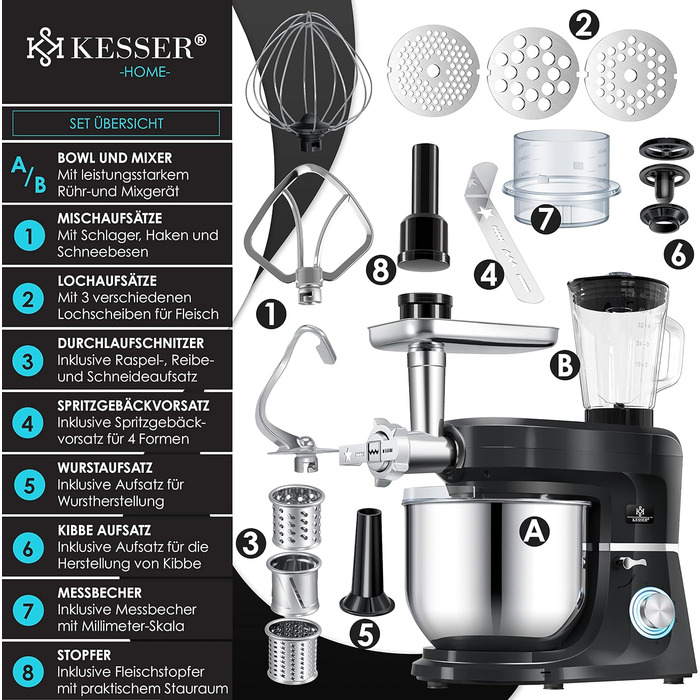 Універсальний кухонний комбайн KESSER 3 в 1 K-KM 3000 з м'ясорубкою Тістомісильна машина Багатофункціональний міксер Чаша 5,5 л з 3 інструментами для перемішування, соковижималка 1,5 л, набір ковбас, форми для пасти та печива Black Black