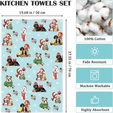 Набір з 4 кухонних рушників Arquiel Зимові різдвяні ялинки Різдвяні кухонні рушники Декоративні 100 бавовняні рушники для сушіння Абсорбуючі подарунки на свята Новосілля 48 см x 70 см (Різдвяні собачки, 48 см x 70 см, набір з 2 шт.)