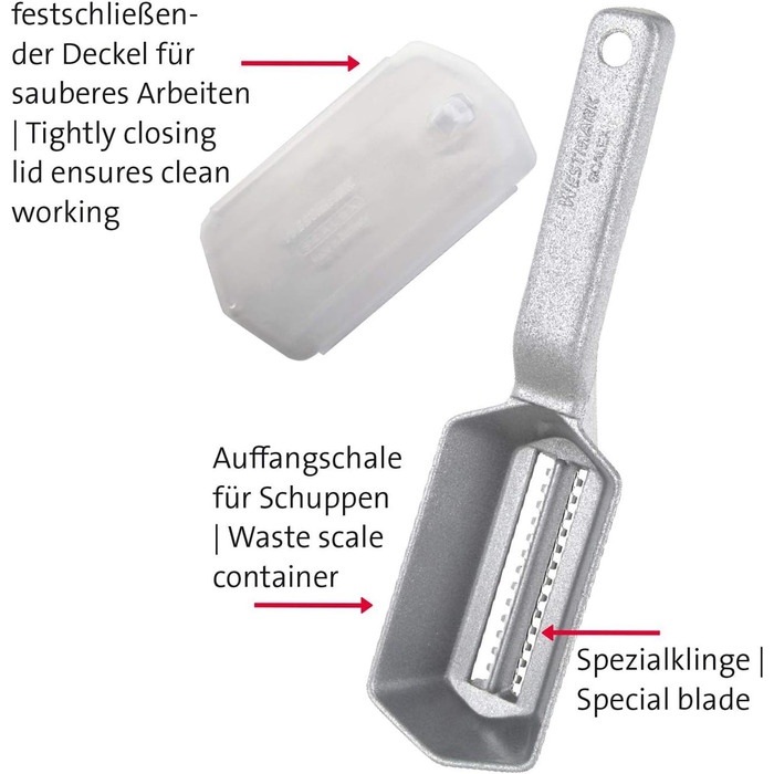 Очиститель для рыбы Westmark с поддоном для сбора весов, алюминий, специальное покрытие, безопасное для пищевых продуктов, нержавеющая сталь, 21 x 5,9 x 5,3 см, Scalex, серебристый, 65002260