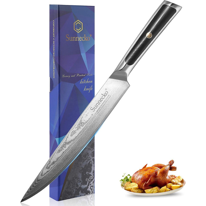 Ніж для хліба Sunnecko 20 см із зазубреним краєм, дамаський ніж для хліба, гострий кухонний ніж з лезом з дамаської сталі, ніж для різання хліба з ручкою G10