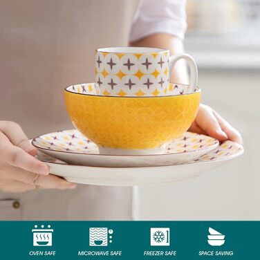 Порцеляновий набір посуду Haruka, 48 шт. Набір круглий комбінований сервіз на 12 осіб, включає кружки, піали, десертні тарілки та обідні тарілки (тюльпан, набір посуду з 48 предметів)