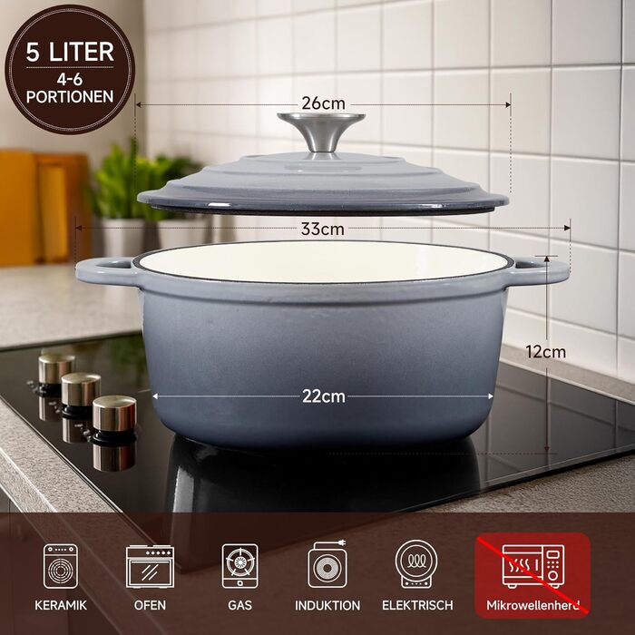 Чавунна форма для запікання 24 см, емальована з кришкою, включаючи 1 пару силіконових рукавиць Nilpferd