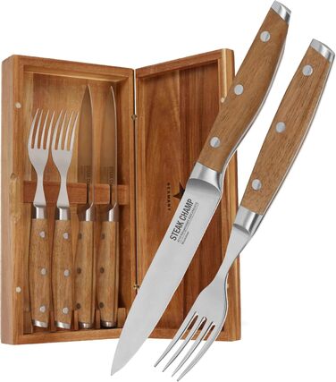 Набір виделок та ножів для стейка,  4 предмети в дерев'яній коробці Steakchamp