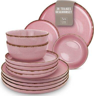 Набір посуду з керамограніту 6 персон Рустик 24 шт. - Набір посуду в сільському стилі, можна мити в посудомийній машині - Набір мисок і тарілок - Чистий живий посуд в (набір 36 предметів, рожевий)