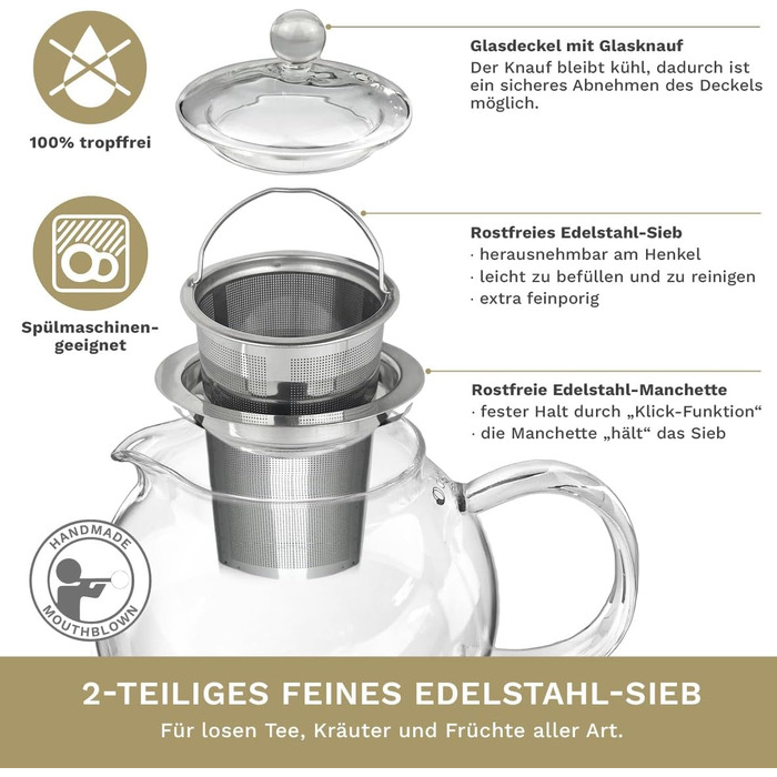 Скляний чайник Creano 1.3 л, скляний чайник із 3 частин із вбудованим ситечком з нержавіючої сталі та скляною кришкою, ідеально підходить для приготування сипучих чаїв, без крапель, моноблок (1,7 л)