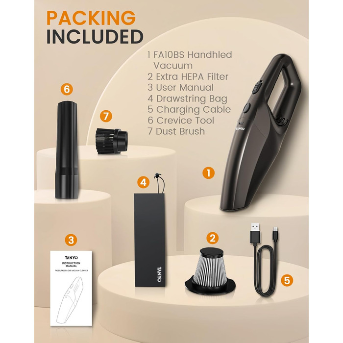 Ручний бездротовий пилосос з акумулятором 80 Вт золотисто-коричневий TANYO