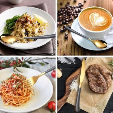 Набір столових приборів на 6 осіб, 24 предмети з тримачем, чорно-золотистий Wekity