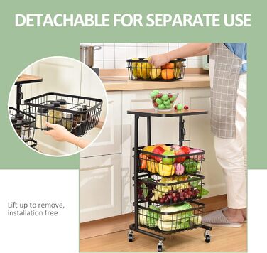 Кухонная тележка APEXCHASER, вращающаяся тележка, 4-уровневая многослойная кухонная полка с колесиками, контейнер для хранения, поворотная корзина для фруктов для кухни, гостиной, офиса, черный