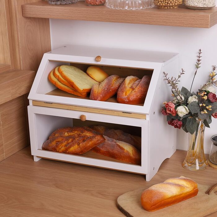 Хлібниця Leader Accessories з бамбука, 2-ярусна, для хліба, безпечна для зберігання хліба, легкий догляд, 39x25x32 см, чорна (39x25x32 см/15,3&39x9,8&39x12,6&39) (біла (39x25x32 см/15,3&39x9,8&39x12,6&39))