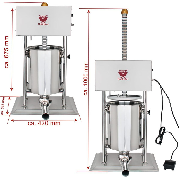 Промислова машина для наповнення ковбас Beeketal &39BTH07&39 з нержавіючої сталі (об&39єм 7 л/горизонтальна конструкція), професійна машина для наповнення ковбас з 2-швидкісним повністю металевим механізмом і рукояткою, включаючи 5 насадок для напов