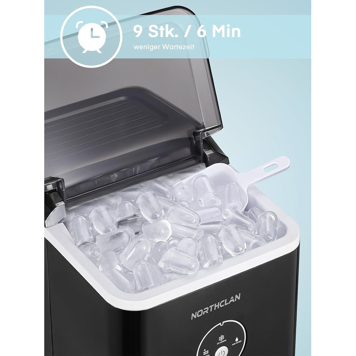 Переможець тесту льодогенератора 2024 року, 14 кг за 24 години, 9 кубиків льоду за 6-8 хвилин, тиха робота, льодогенератор потужністю 120 Вт з ложкою та кошиком, маленький льодогенератор для дому та офісу (чорний)