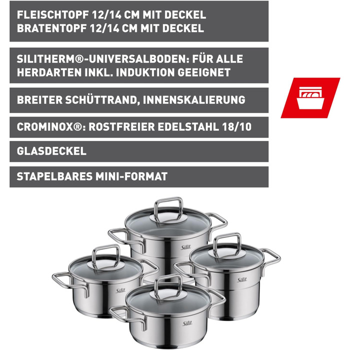 Набір посуду Silit Extra Cook 4 предмети каструлі 12/14 см зі скляною кришкою, внутрішня шкала, широкий обід для зручного зливання, нержавіюча сталь Crominox, для невеликих порцій, компактне зберігання, посуд не проливається. Набір посуду 4 предмети.