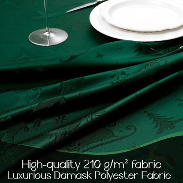 Маленька різдвяна скатертина Romanstile, яку можна прати та вона водовідштовхувальна, жакардові олені та ялинка, квадратна скатертина для журнального столика, святкова, подарункова (150 x 300 см, темно-зелена)