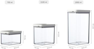 Банки для хранения Mepal с крышками - Герметичные и штабелируемые контейнеры для хранения - Хранение и организация на кухне - Можно мыть в посудомоечной машине - 700 мл, 1100 мл и 2000 мл - Черный (набор из 3 шт., Nordic White)