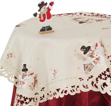 Різдвяна скатертина/доріжка HanaQi зі сніговиком та оленями, зимовий пейзаж з ажурною вишивкою, поліестер, колір екрю/крем - розмір на вибір (приблизно 38 x 108 см, овальна) (85 x 85 см (квадратна))