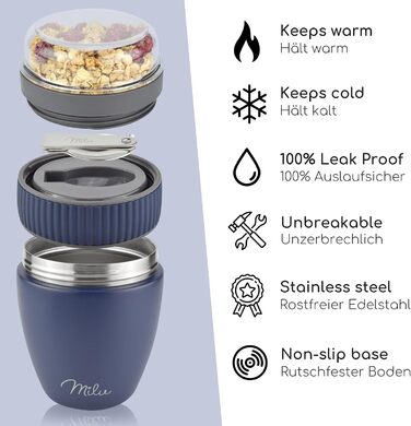 Стаканчик для пластівців Milu 400 мл з назвою MsliMax для йогурту герметичний стаканчик з ложкою (темно-синій, нержавіюча сталь)
