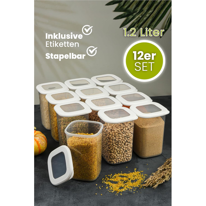 Банки для хранения с герметичными крышками Набор из 24 контейнеров для хранения БЕЗ БИСФЕНОЛА А Для мюсли, хранения муки и сахара Практичный кухонный ящик для хранения всех продуктов (набор из 12 белых 1200 мл)