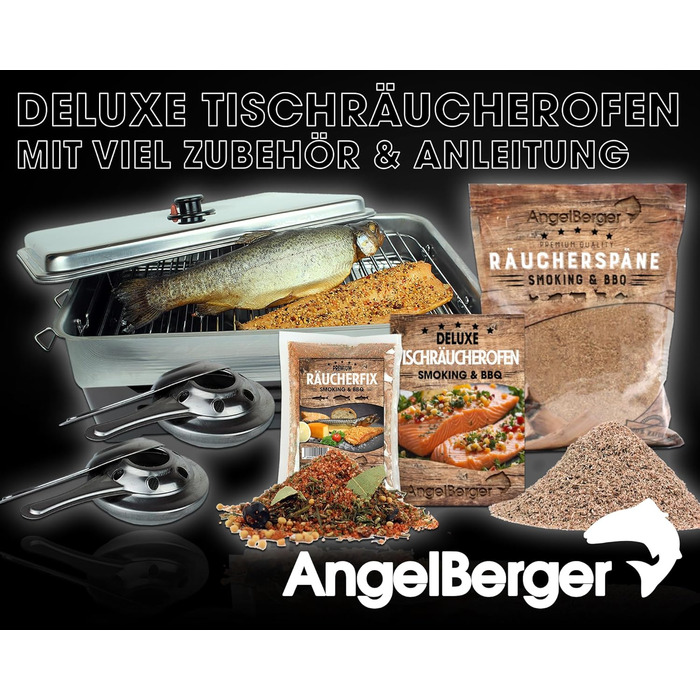 Коптильня із нержавіючої сталі 43 x 27 x 20 см Deluxe Angel-Berger із тріскою для копчення 300 гр у подарунок!