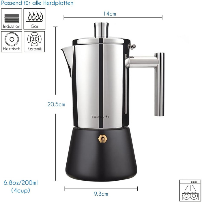 Кофеварка для плиты на 4 чашки, 200 мл эспрессо, черная Diego Easyworkz