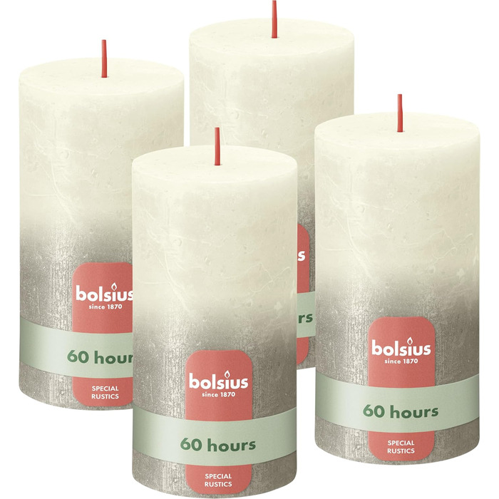 Свічки Bolsius Rustic Pillar - Металік, що згасає - Рожевий та червоний - Упаковка з 4 шт. - Тривалий час горіння 60 годин - Без запаху - Містить натуральний рослинний віск - Без пальмової олії - 13 x 7 см (13 x 6,8 см, Слонова кістка та Шампанське)