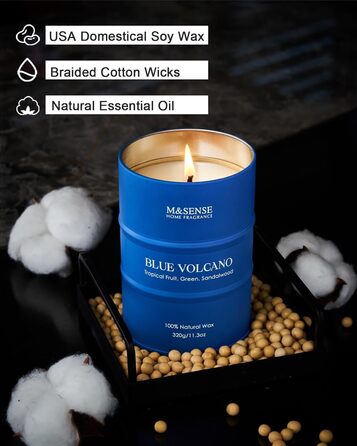 Ароматичні свічки M&SENSE з натурального соєвого воску, натуральна соєва свічка для домашнього декору, тривалий час горіння до 70 годин, класні подарунки-свічки для чоловіків і жінок (320 г, блакитний вулкан)