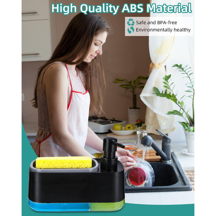 Кухонний набір з дозатором рідини для миття посуду, кухонний дозатор для мила з лотком і тримачем для губки, засіб для миття багаторазового використання, підходить для кухонної мийки (дозатор для мила 3 в 1 чорний)