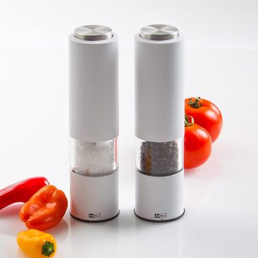 Набір електричних млинів для солі та перцю AdHoc з 2 чорно-білих тропіків з керамічною кавомолкою, що регулюється від дрібного до великого, включаючи сіль і перець (білий)
