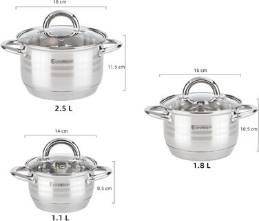 Набор из 3 кастрюль из нержавеющей стали со стеклянными крышками, 6 предметов E-4303 EliteHoff