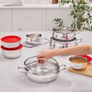 Набір індукційного посуду преміум-класу Karaca Emirgan з 8 предметів, сріблясто-червоний, міцний набір індукційного посуду, підходить для всіх типів плит, скляна кришка, каструлі та сковорідки, які можна мити в посудомийній машині (13 предметів - срібляст