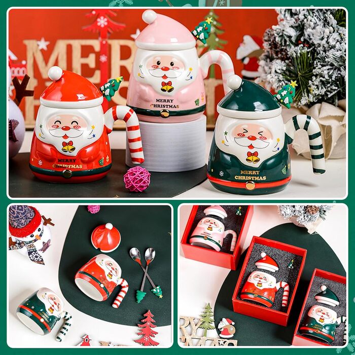 Різдвяна кружка, з ручками у формі цукерок та ложкою у формі ялинки 400 мл. ZONSUSE